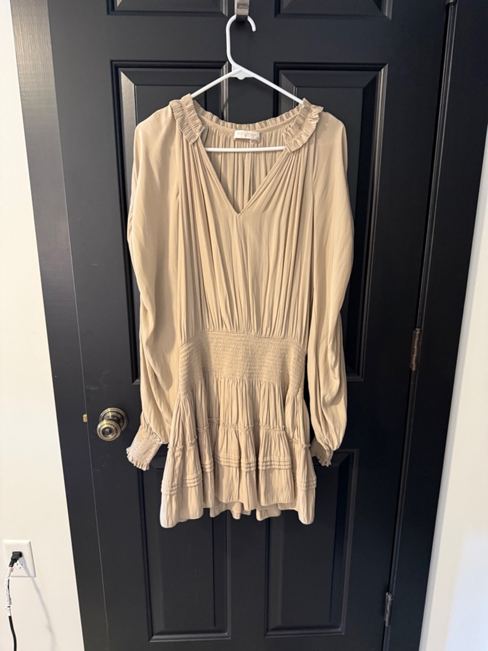 Ramy Brook Beige Smocked Waist V-Neck Tiered dress